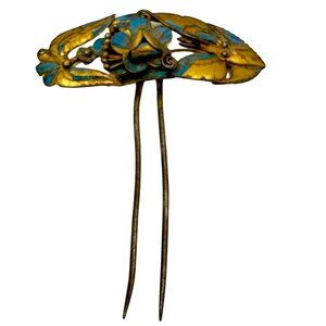 Qing Dynasty Kingfisher Feather Brass Hair Pin Chinese Antique Floral Butterfly